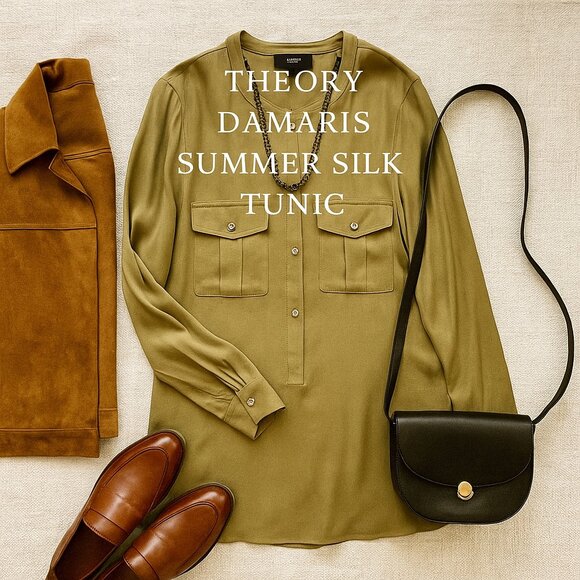 THEORY Damaris Summer Silk Tunic • Long Sleeve Mandarin Collar • L • Light Olive - Picture 1 of 16